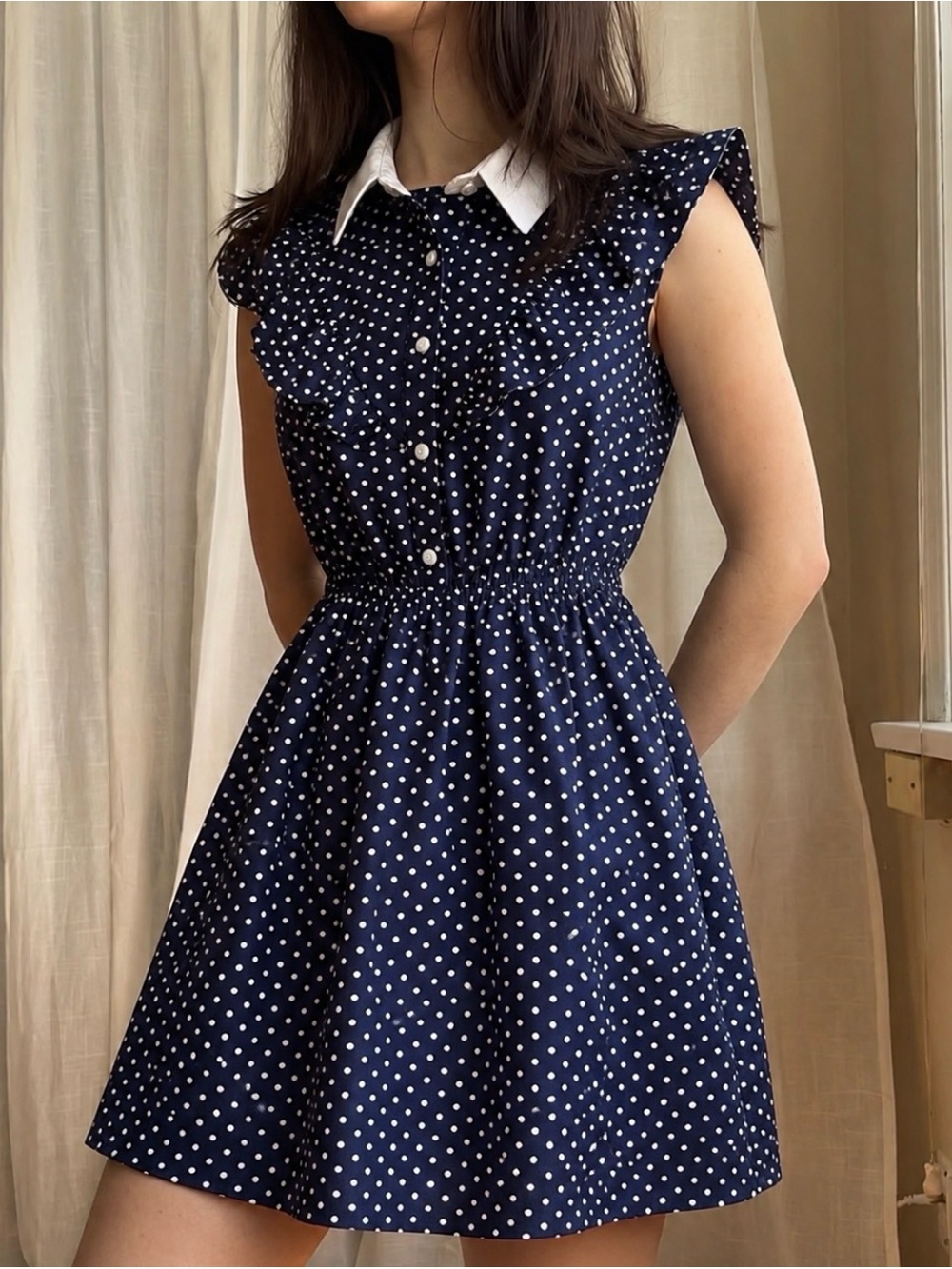 Monteau | Classic Navy Polka Dot Sleeveless Dress with White Collar